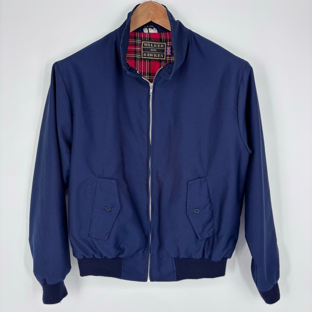 VTG Walker and Hawkes Tartan Lined Jacket Mens M Navy Blue Made In England